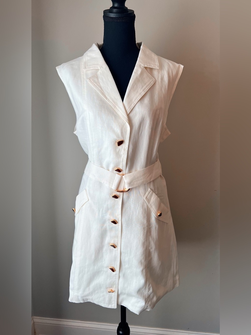 Commense blazer collar Sleeveless Belted linen mini Dress - Picture 5 of 10
